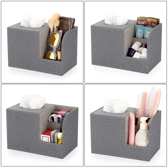 Alt view image 5 of 7 - Square Linen Tissue Box Cover - Decorative Cube Tissue Box Holder with Side Organizer, Modern Tissue Box for Living Room Vanity Night Stand Table Countertop Office, Grey