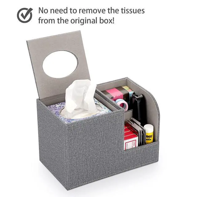 Alt view image 7 of 7 - Square Linen Tissue Box Cover - Decorative Cube Tissue Box Holder with Side Organizer, Modern Tissue Box for Living Room Vanity Night Stand Table Countertop Office, Grey