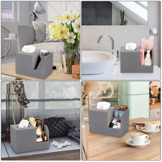 Alt view image 6 of 7 - Square Linen Tissue Box Cover - Decorative Cube Tissue Box Holder with Side Organizer, Modern Tissue Box for Living Room Vanity Night Stand Table Countertop Office, Grey