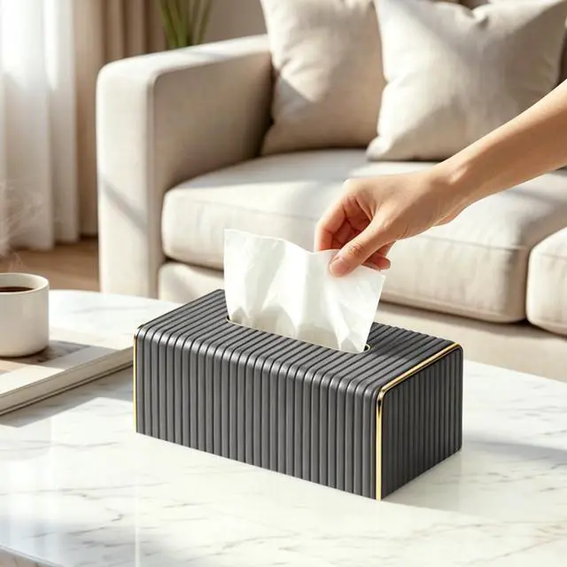 Alt view image 2 of 7 - Grey Tissue Box Holder Rectangle,Tissues Cover with Gold Trim