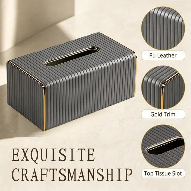 Alt view image 5 of 7 - Grey Tissue Box Holder Rectangle,Tissues Cover with Gold Trim