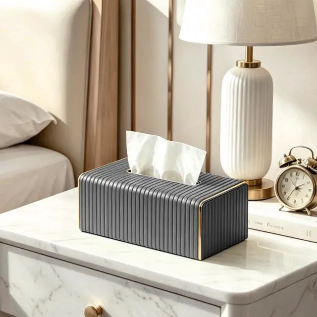 Alt view image 7 of 7 - Grey Tissue Box Holder Rectangle,Tissues Cover with Gold Trim