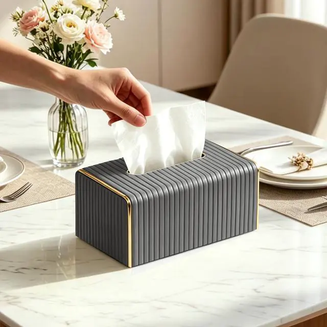Alt view image 6 of 7 - Grey Tissue Box Holder Rectangle,Tissues Cover with Gold Trim