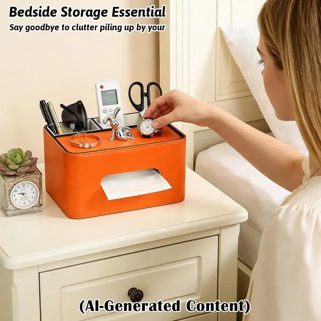 Alt view image 2 of 7 - PU Leather Tissue Box Cover Square - Multifunctional Box Holder with Storage, Fits 120-Count (3-Ply) & 160-Count (2-Ply) Cube Tissues, Remote Control Organizer for Bedroom Desk Living Room (Orange)
