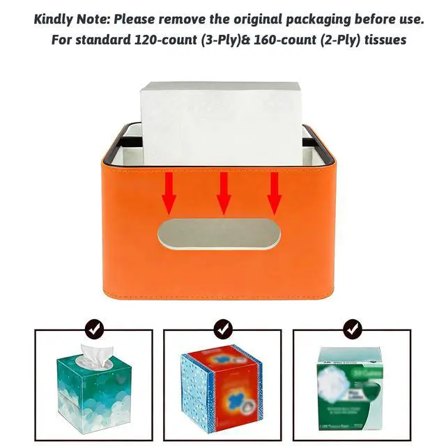 Alt view image 6 of 7 - PU Leather Tissue Box Cover Square - Multifunctional Box Holder with Storage, Fits 120-Count (3-Ply) & 160-Count (2-Ply) Cube Tissues, Remote Control Organizer for Bedroom Desk Living Room (Orange)