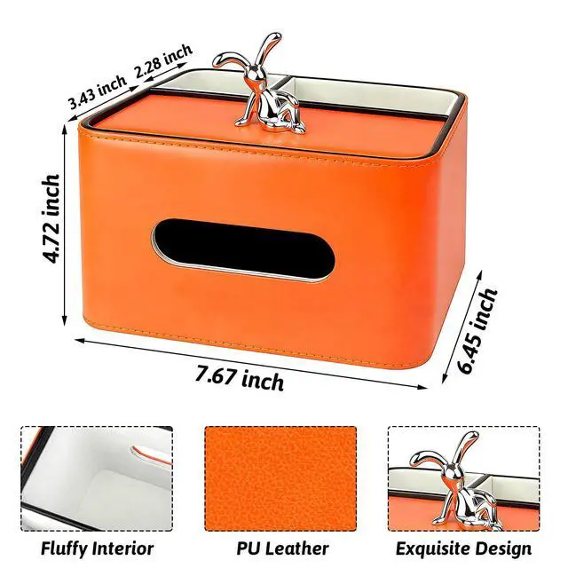 Alt view image 3 of 7 - PU Leather Tissue Box Cover Square - Multifunctional Box Holder with Storage, Fits 120-Count (3-Ply) & 160-Count (2-Ply) Cube Tissues, Remote Control Organizer for Bedroom Desk Living Room (Orange)