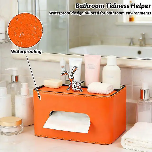 Alt view image 5 of 7 - PU Leather Tissue Box Cover Square - Multifunctional Box Holder with Storage, Fits 120-Count (3-Ply) & 160-Count (2-Ply) Cube Tissues, Remote Control Organizer for Bedroom Desk Living Room (Orange)