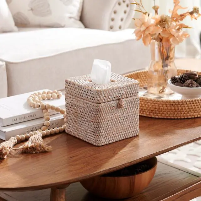 Alt view image 2 of 7 - Rattan Square Tissue Box Cover, 5.7" x 5.7" x 5", Decorative Woven Facial Tissue Holder with Hinged Top Lid, Whitewash
