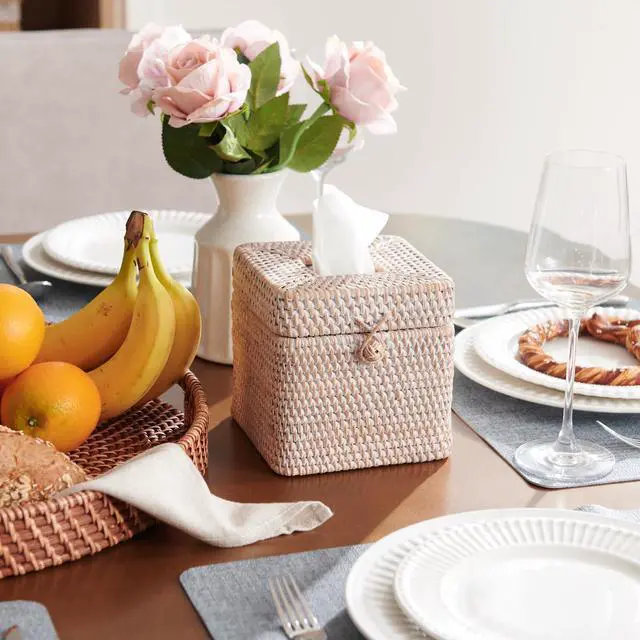 Alt view image 3 of 7 - Rattan Square Tissue Box Cover, 5.7" x 5.7" x 5", Decorative Woven Facial Tissue Holder with Hinged Top Lid, Whitewash
