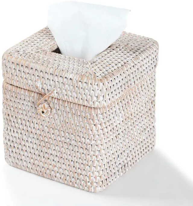 Main image of Rattan Square Tissue Box Cover, 5.7" x 5.7" x 5", Decorative Woven Facial Tissue Holder with Hinged Top Lid, Whitewash