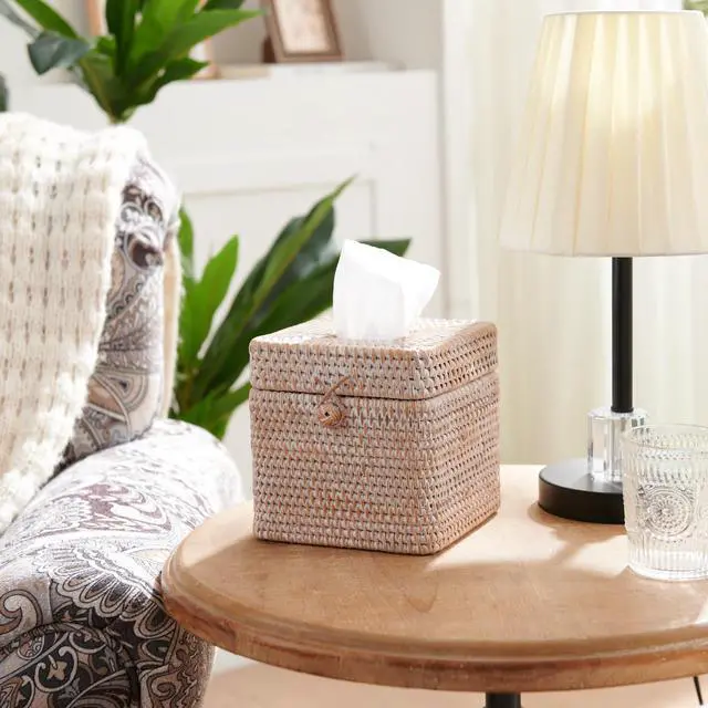 Alt view image 4 of 7 - Rattan Square Tissue Box Cover, 5.7" x 5.7" x 5", Decorative Woven Facial Tissue Holder with Hinged Top Lid, Whitewash