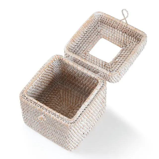 Alt view image 6 of 7 - Rattan Square Tissue Box Cover, 5.7" x 5.7" x 5", Decorative Woven Facial Tissue Holder with Hinged Top Lid, Whitewash