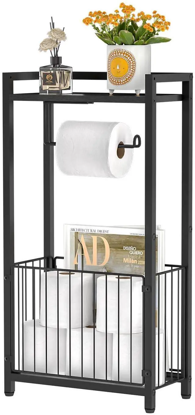 Main image of Freestanding Toilet Paper Holder with Storage Shelf Bathroom Tissue Stand with Space for Phone, Tablet, and Magazines All-in-One Toilet Roll Dispenser and Organizer
