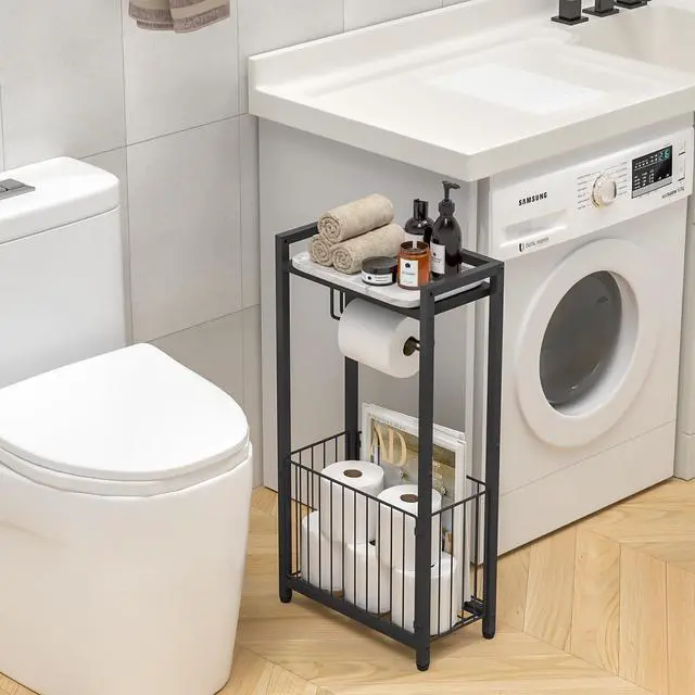 Alt view image 2 of 6 - Freestanding Toilet Paper Holder with Storage Shelf Bathroom Tissue Stand with Space for Phone, Tablet, and Magazines All-in-One Toilet Roll Dispenser and Organizer