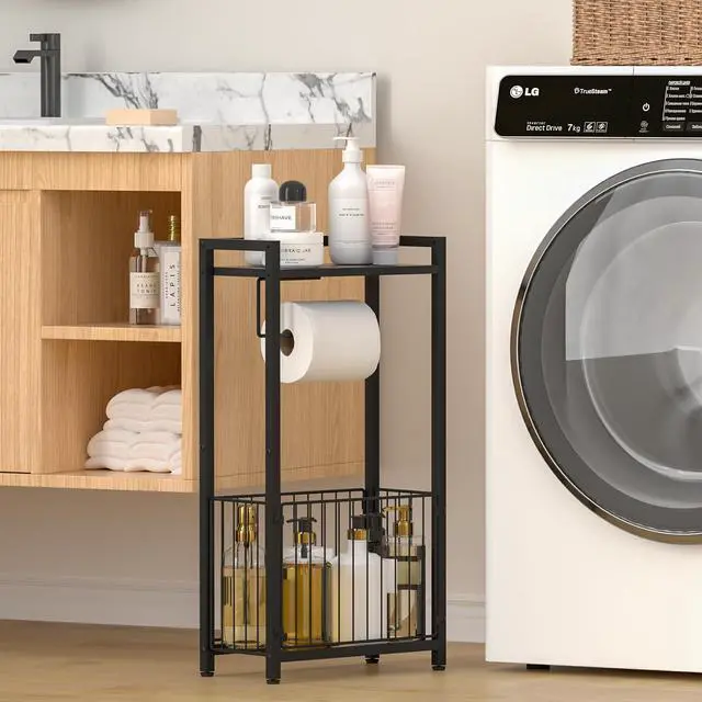 Alt view image 5 of 6 - Freestanding Toilet Paper Holder with Storage Shelf Bathroom Tissue Stand with Space for Phone, Tablet, and Magazines All-in-One Toilet Roll Dispenser and Organizer