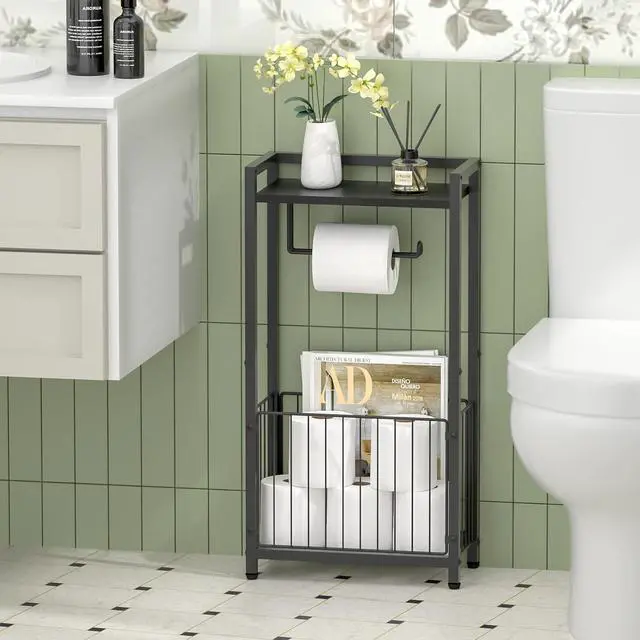 Alt view image 6 of 6 - Freestanding Toilet Paper Holder with Storage Shelf Bathroom Tissue Stand with Space for Phone, Tablet, and Magazines All-in-One Toilet Roll Dispenser and Organizer