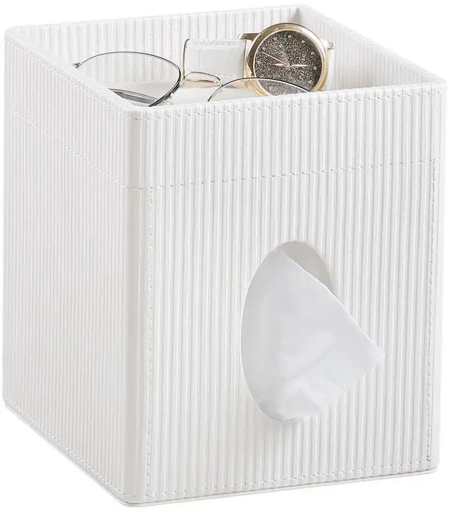 Main image of Square Tissue Box Cover with Tray, PU Leather Tissue Box Holder Decorative Cube Tissue Holder for Bathroom Bedroom Office (Cream)