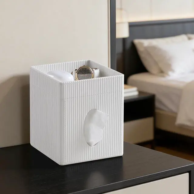 Alt view image 2 of 7 - Square Tissue Box Cover with Tray, PU Leather Tissue Box Holder Decorative Cube Tissue Holder for Bathroom Bedroom Office (Cream)