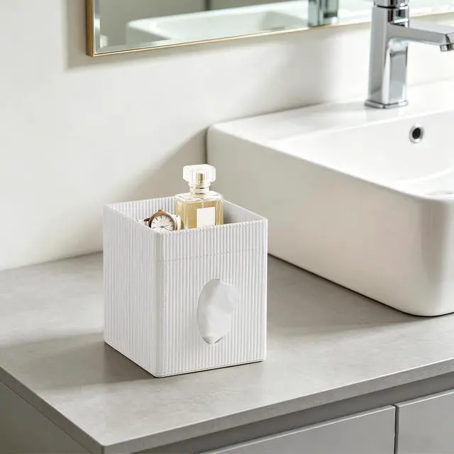 Alt view image 4 of 7 - Square Tissue Box Cover with Tray, PU Leather Tissue Box Holder Decorative Cube Tissue Holder for Bathroom Bedroom Office (Cream)