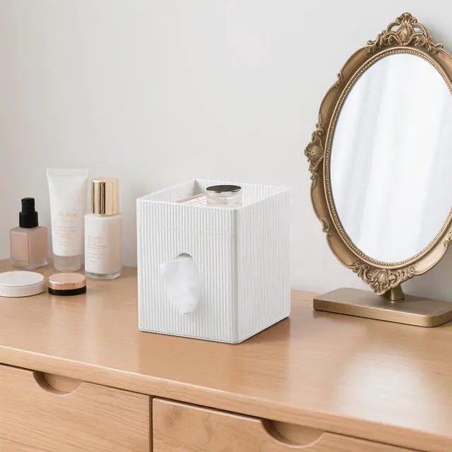Alt view image 6 of 7 - Square Tissue Box Cover with Tray, PU Leather Tissue Box Holder Decorative Cube Tissue Holder for Bathroom Bedroom Office (Cream)