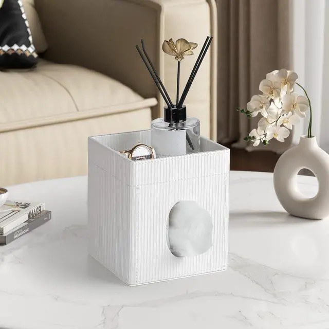 Alt view image 5 of 7 - Square Tissue Box Cover with Tray, PU Leather Tissue Box Holder Decorative Cube Tissue Holder for Bathroom Bedroom Office (Cream)