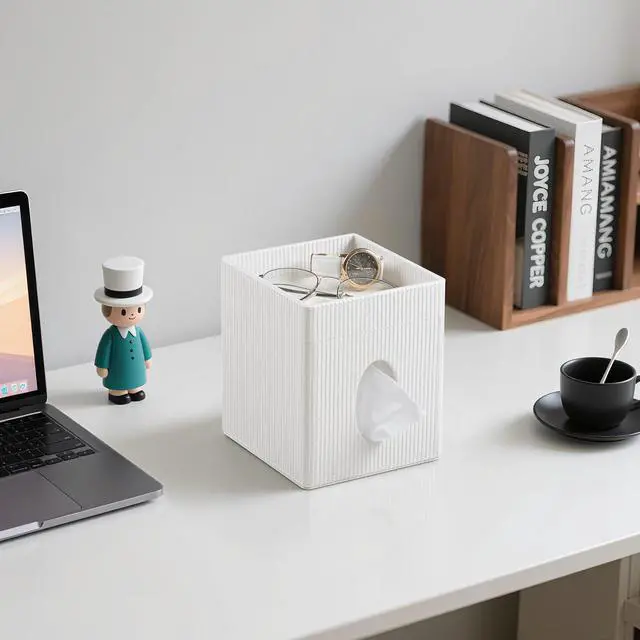 Alt view image 7 of 7 - Square Tissue Box Cover with Tray, PU Leather Tissue Box Holder Decorative Cube Tissue Holder for Bathroom Bedroom Office (Cream)