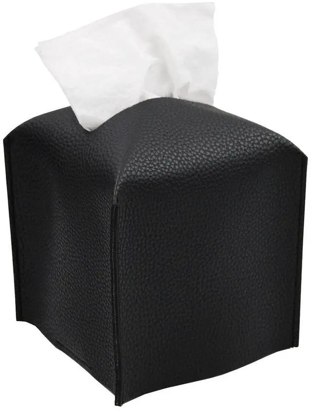 Main image of Tissue Box Cover, Square Decorative PU Leather Tissue Box Holder Modern Tissue Case Facial Paper Organizer Dispenser for Bathroom, Vanity Countertop, Night Stands, Desk, Car 5X5X5'' | Black
