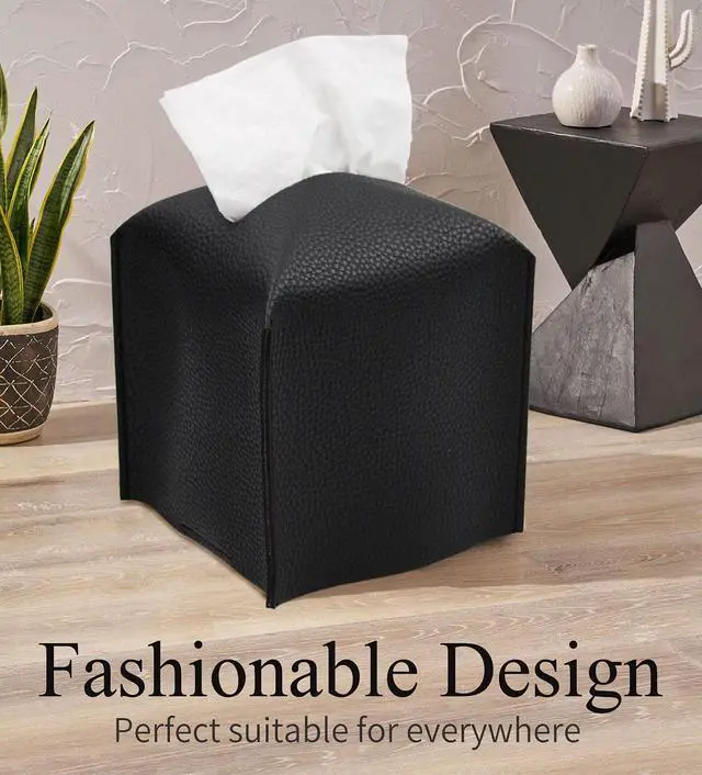 Alt view image 2 of 6 - Tissue Box Cover, Square Decorative PU Leather Tissue Box Holder Modern Tissue Case Facial Paper Organizer Dispenser for Bathroom, Vanity Countertop, Night Stands, Desk, Car 5X5X5'' | Black