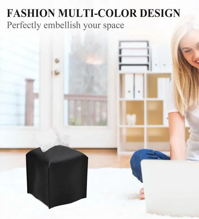 Alt view image 3 of 6 - Tissue Box Cover, Square Decorative PU Leather Tissue Box Holder Modern Tissue Case Facial Paper Organizer Dispenser for Bathroom, Vanity Countertop, Night Stands, Desk, Car 5X5X5'' | Black