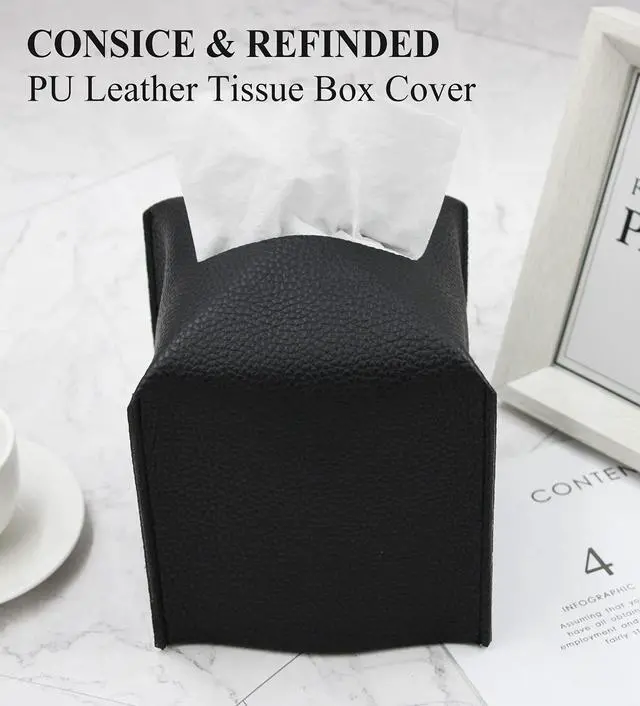 Alt view image 4 of 6 - Tissue Box Cover, Square Decorative PU Leather Tissue Box Holder Modern Tissue Case Facial Paper Organizer Dispenser for Bathroom, Vanity Countertop, Night Stands, Desk, Car 5X5X5'' | Black