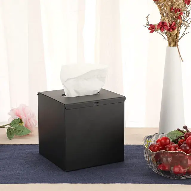 Alt view image 2 of 7 - Square Tissue Box Cover - Stylish Cube Stainless Steel Tissue Box Holder, Modern Metal Facial Tissue Holder for Dresser Table Night Stand Bathroom Vanity Home Office Bar Wall Decor, Black