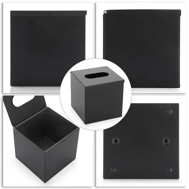 Alt view image 4 of 7 - Square Tissue Box Cover - Stylish Cube Stainless Steel Tissue Box Holder, Modern Metal Facial Tissue Holder for Dresser Table Night Stand Bathroom Vanity Home Office Bar Wall Decor, Black