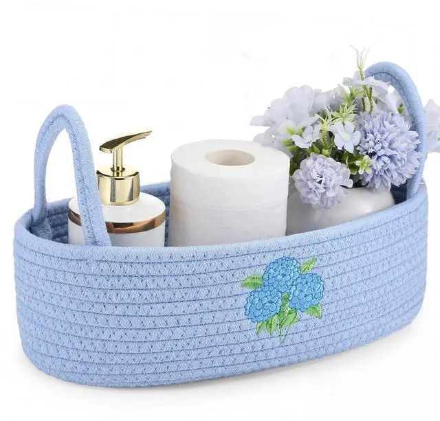 Main image of Hydrangea Toilet Paper Basket Boho Woven Cotton Rope Bathroom Countertop Organizer with Handle Blue Hydrangea Bathroom Storage Decor for Toilet Closet Bedroom Nursery, 13 x 6 x 4 Inch