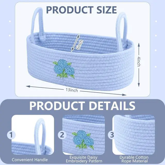 Alt view image 2 of 6 - Hydrangea Toilet Paper Basket Boho Woven Cotton Rope Bathroom Countertop Organizer with Handle Blue Hydrangea Bathroom Storage Decor for Toilet Closet Bedroom Nursery, 13 x 6 x 4 Inch