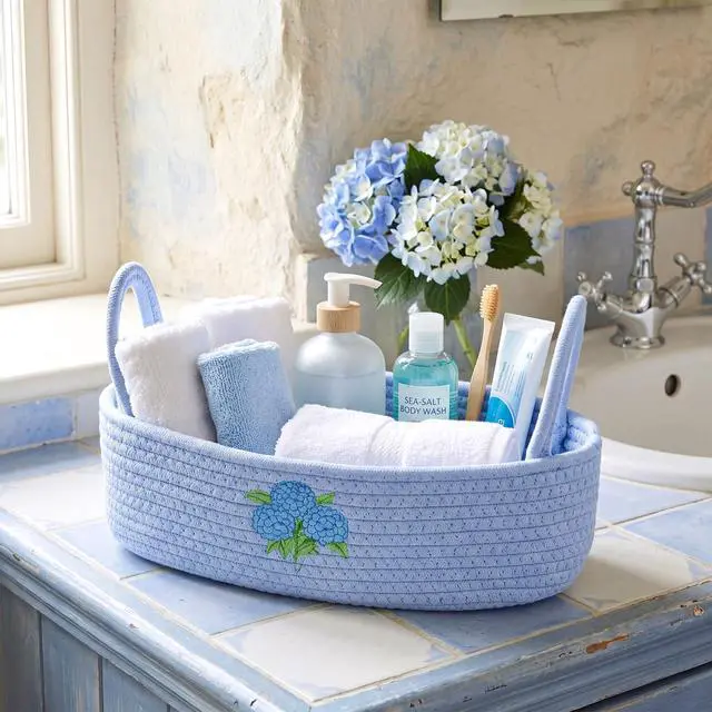 Alt view image 4 of 6 - Hydrangea Toilet Paper Basket Boho Woven Cotton Rope Bathroom Countertop Organizer with Handle Blue Hydrangea Bathroom Storage Decor for Toilet Closet Bedroom Nursery, 13 x 6 x 4 Inch