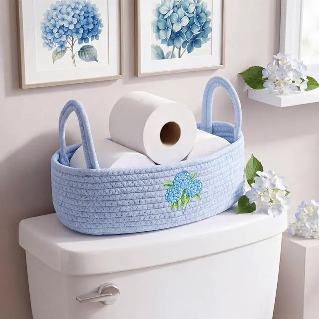 Alt view image 3 of 6 - Hydrangea Toilet Paper Basket Boho Woven Cotton Rope Bathroom Countertop Organizer with Handle Blue Hydrangea Bathroom Storage Decor for Toilet Closet Bedroom Nursery, 13 x 6 x 4 Inch