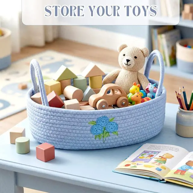 Alt view image 5 of 6 - Hydrangea Toilet Paper Basket Boho Woven Cotton Rope Bathroom Countertop Organizer with Handle Blue Hydrangea Bathroom Storage Decor for Toilet Closet Bedroom Nursery, 13 x 6 x 4 Inch
