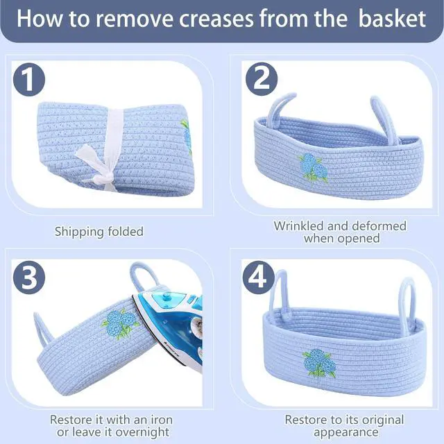 Alt view image 6 of 6 - Hydrangea Toilet Paper Basket Boho Woven Cotton Rope Bathroom Countertop Organizer with Handle Blue Hydrangea Bathroom Storage Decor for Toilet Closet Bedroom Nursery, 13 x 6 x 4 Inch