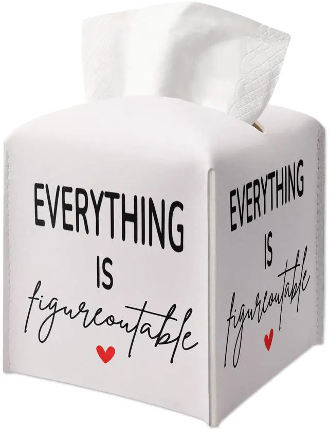 Main image of Tissue Box Cover Square, Leather Tissue Box Cover, Waterproof Leather Facial Paper Organizer Dispenser for Bathroom Home Car Nightstand Vanity Desk, Everything is Figureoutable, 5.2 Inches