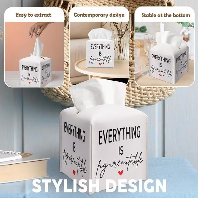 Alt view image 5 of 6 - Tissue Box Cover Square, Leather Tissue Box Cover, Waterproof Leather Facial Paper Organizer Dispenser for Bathroom Home Car Nightstand Vanity Desk, Everything is Figureoutable, 5.2 Inches