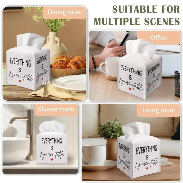 Alt view image 6 of 6 - Tissue Box Cover Square, Leather Tissue Box Cover, Waterproof Leather Facial Paper Organizer Dispenser for Bathroom Home Car Nightstand Vanity Desk, Everything is Figureoutable, 5.2 Inches