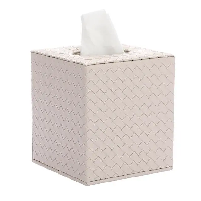 Main image of Square Tissue Box Cover, Stylish PU Woven Lozenge Pattern Tissue Box Holder with Magnetic Bottom, Classic Style, Beige