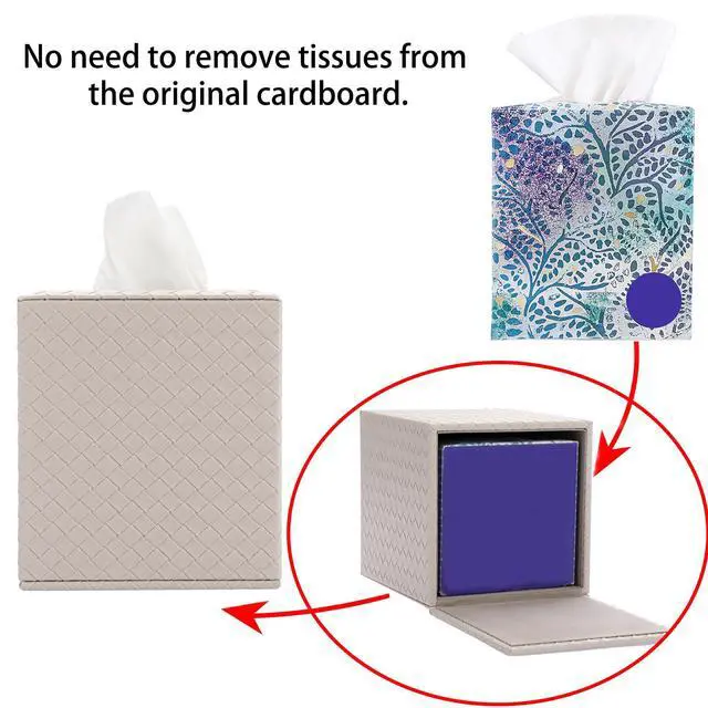 Alt view image 5 of 7 - Square Tissue Box Cover, Stylish PU Woven Lozenge Pattern Tissue Box Holder with Magnetic Bottom, Classic Style, Beige
