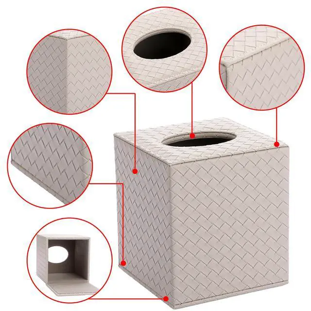 Alt view image 4 of 7 - Square Tissue Box Cover, Stylish PU Woven Lozenge Pattern Tissue Box Holder with Magnetic Bottom, Classic Style, Beige