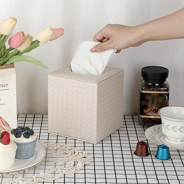 Alt view image 2 of 7 - Square Tissue Box Cover, Stylish PU Woven Lozenge Pattern Tissue Box Holder with Magnetic Bottom, Classic Style, Beige