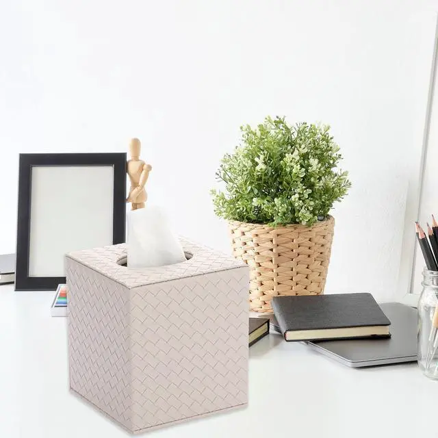 Alt view image 6 of 7 - Square Tissue Box Cover, Stylish PU Woven Lozenge Pattern Tissue Box Holder with Magnetic Bottom, Classic Style, Beige