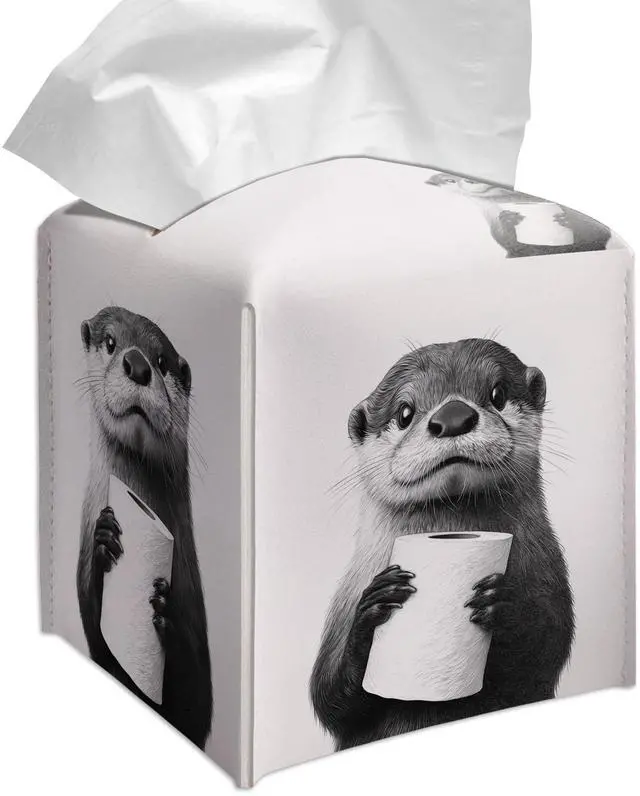 Main image of Cute Otter Tissue Box Cover Square, Toilet Paper Cube Case for Facial Tissues, 5.2" PU Leather(072)