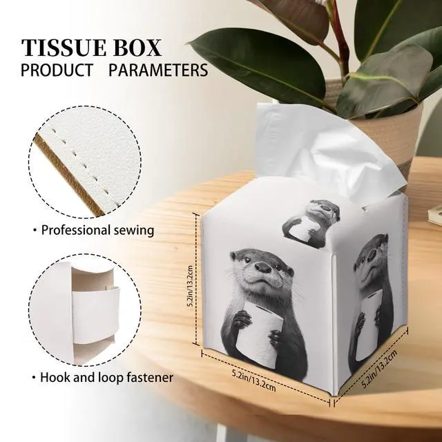 Alt view image 2 of 6 - Cute Otter Tissue Box Cover Square, Toilet Paper Cube Case for Facial Tissues, 5.2" PU Leather(072)