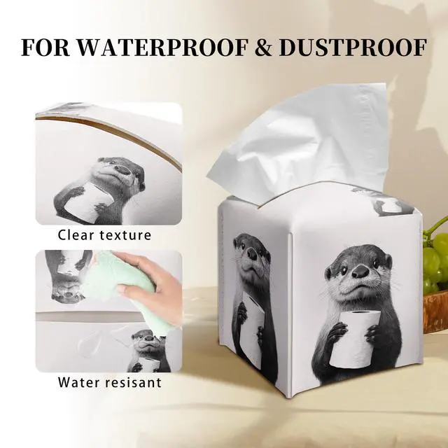 Alt view image 3 of 6 - Cute Otter Tissue Box Cover Square, Toilet Paper Cube Case for Facial Tissues, 5.2" PU Leather(072)