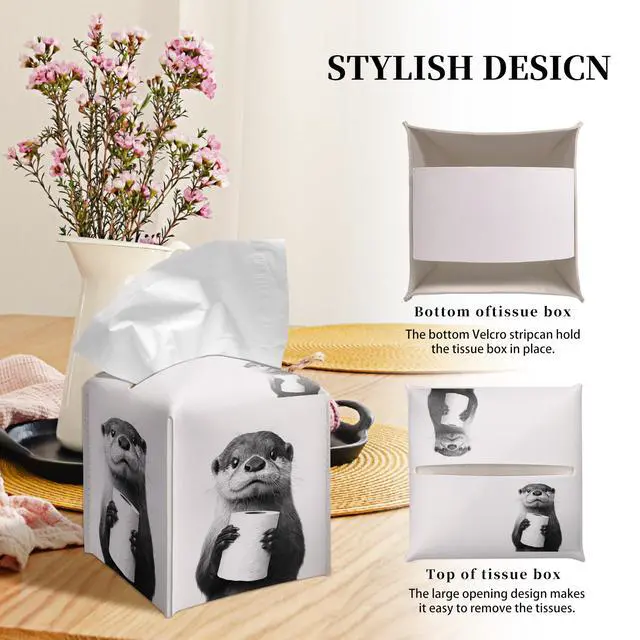 Alt view image 4 of 6 - Cute Otter Tissue Box Cover Square, Toilet Paper Cube Case for Facial Tissues, 5.2" PU Leather(072)